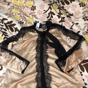 Black Lace and Tan Silky Large Blouse  Forever 21